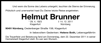 Traueranzeige von Helmut Brunner von Gesamtausgabe Nürnberger Nachrichten / Nürnberger Zeitung