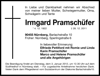 Traueranzeige von Irmgard Pramschüfer von Gesamtausgabe Nürnberger Nachrichten / Nürnberger Zeitung