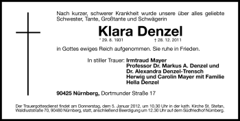 Traueranzeige von Klara Denzel von Gesamtausgabe Nürnberger Nachrichten / Nürnberger Zeitung
