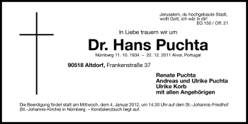 Traueranzeige von Hans Puchta von Gesamtausgabe Nürnberger Nachrichten / Nürnberger Zeitung