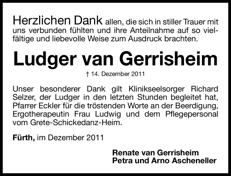  Traueranzeige für Ludger van Gerrisheim vom 31.12.2011 aus Fürther Nachrichten Lokal