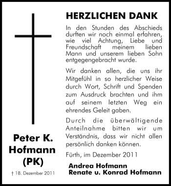 Traueranzeige von Peter Hofmann von Gesamtausgabe Nürnberger Nachrichten / Nürnberger Zeitung