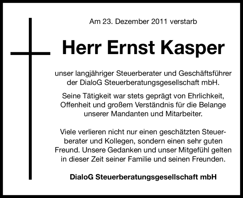  Traueranzeige für Ernst Kasper vom 31.12.2011 aus Gesamtausgabe Nürnberger Nachrichten / Nürnberger Zeitung