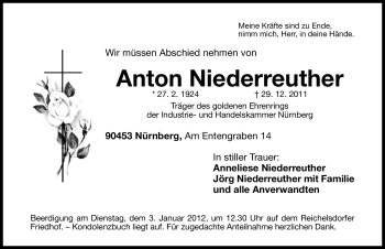 Traueranzeige von Anton Niederreuther von Gesamtausgabe Nürnberger Nachrichten / Nürnberger Zeitung