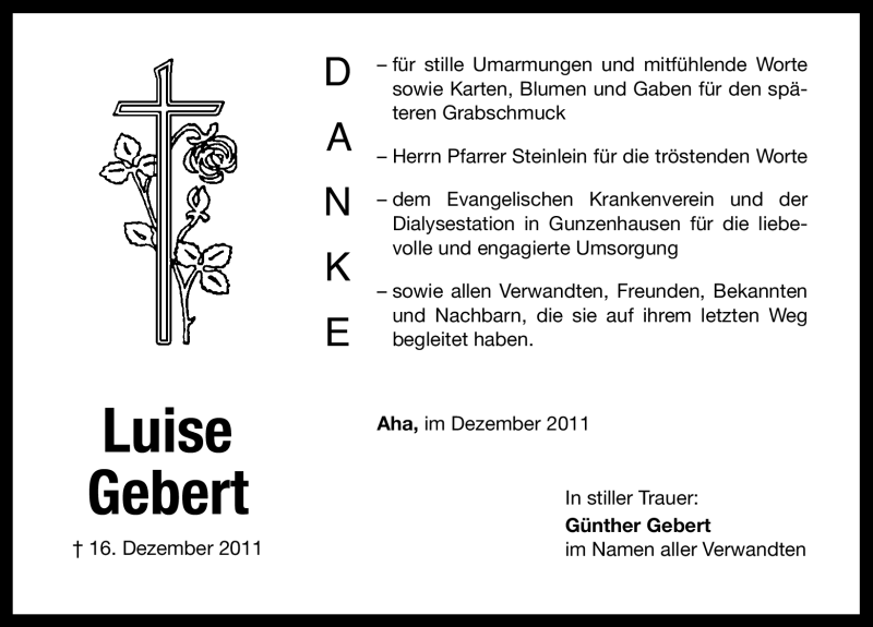  Traueranzeige für Luise Gebert vom 31.12.2011 aus Altmühl-Bote Lokal