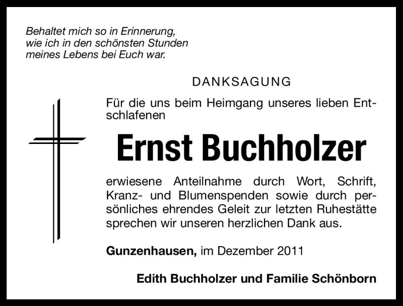  Traueranzeige für Ernst Buchholzer vom 31.12.2011 aus Altmühl-Bote Lokal