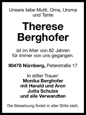 Traueranzeige von Therese Berghofer von Gesamtausgabe Nürnberger Nachrichten / Nürnberger Zeitung