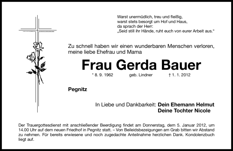  Traueranzeige für Gerda Bauer vom 03.01.2012 aus Nordbayerische Nachrichten Pegnitz Lokal
