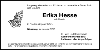 Traueranzeige von Erika Hesse von Gesamtausgabe Nürnberger Nachrichten / Nürnberger Zeitung