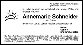Traueranzeige von Annemarie Schneider von Gesamtausgabe Nürnberger Nachrichten / Nürnberger Zeitung