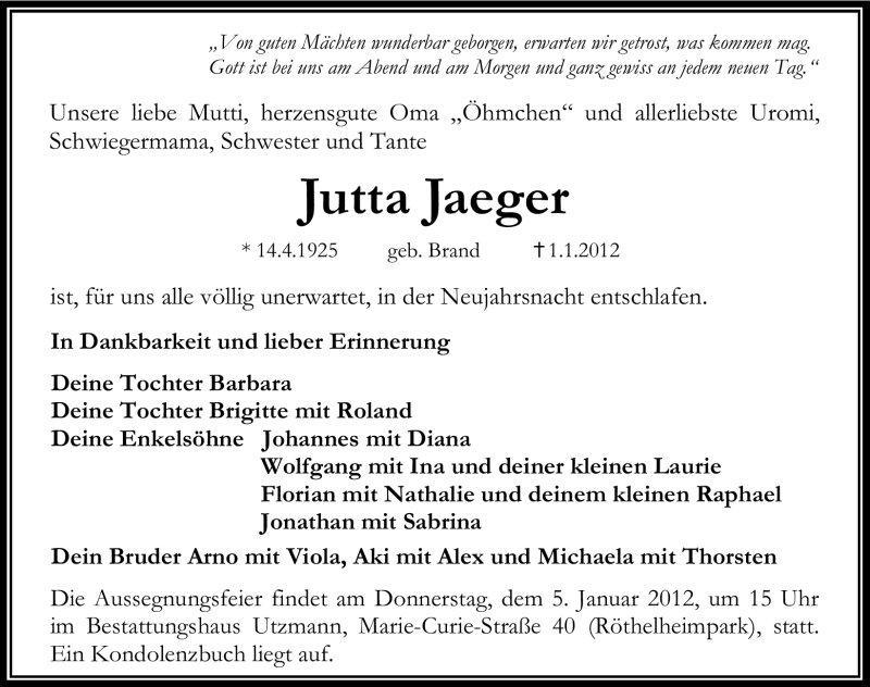  Traueranzeige für Jutta Jaeger vom 03.01.2012 aus Erlanger Nachrichten Lokal