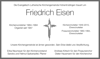 Traueranzeige von Friedrich Eisen von Altmühl-Bote Lokal