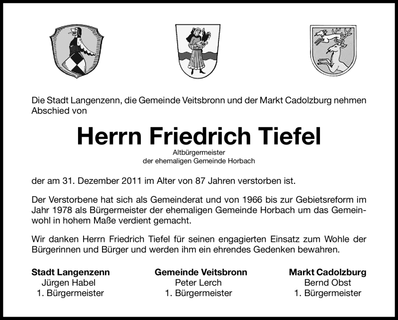  Traueranzeige für Friedrich Tiefel vom 04.01.2012 aus Fürther Nachrichten Lokal