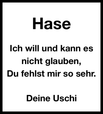 Traueranzeige von Hase  von Fürther Nachrichten Lokal