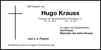 Traueranzeige von Hugo Krauss von Gesamtausgabe Nürnberger Nachrichten / Nürnberger Zeitung