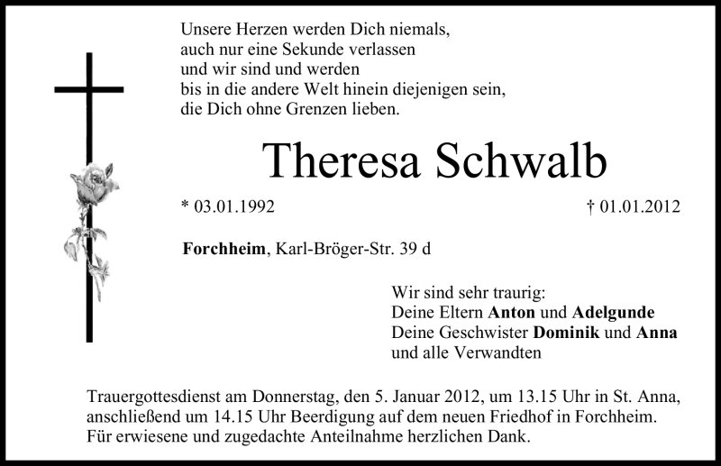  Traueranzeige für Theresa Schwalb vom 04.01.2012 aus Nordbayerische Nachrichten Forchheim Lokal