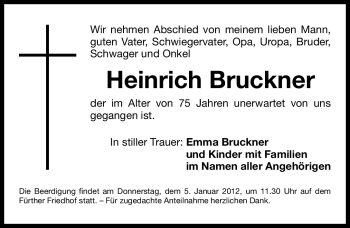 Traueranzeige von Heinrich Bruckner von Fürther Nachrichten Lokal