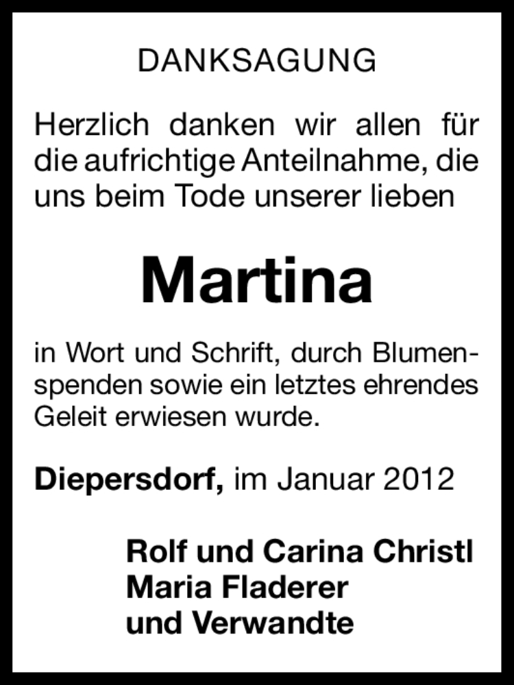  Traueranzeige für Martina  vom 06.01.2012 aus Gesamtausgabe Nürnberger Nachrichten / Nürnberger Zeitung