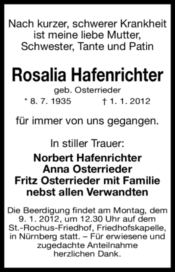 Traueranzeige von Rosalia Hafenrichter von Gesamtausgabe Nürnberger Nachrichten / Nürnberger Zeitung