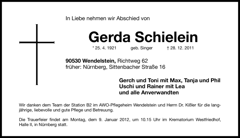  Traueranzeige für Gerda Schielein vom 06.01.2012 aus Gesamtausgabe Nürnberger Nachrichten / Nürnberger Zeitung