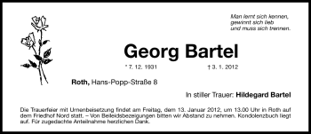 Traueranzeige von Georg Bartel von Gesamtausgabe Nürnberger Nachrichten / Nürnberger Zeitung