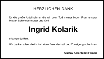 Traueranzeige von Ingrid Kolarik von Nordbayerische Nachrichten Forchheim Lokal