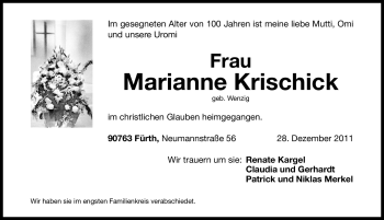 Traueranzeige von Marianne Krischick von Gesamtausgabe Nürnberger Nachrichten / Nürnberger Zeitung