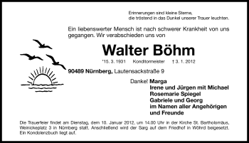 Traueranzeige von Walter Böhm von Gesamtausgabe Nürnberger Nachrichten / Nürnberger Zeitung