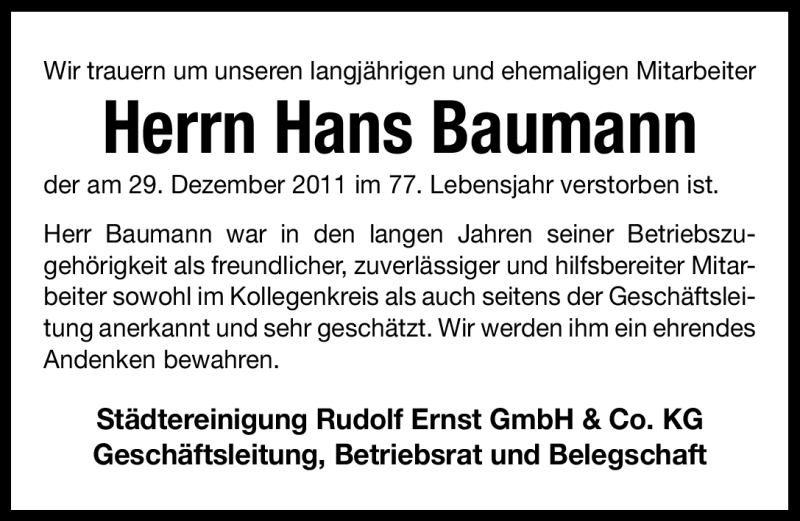 Traueranzeige für Hans Baumann vom 06.01.2012 aus Altmühl-Bote Lokal