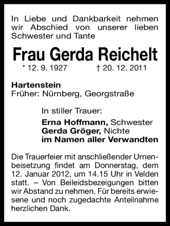 Traueranzeige von Gerda Reichelt von Gesamtausgabe Nürnberger Nachrichten / Nürnberger Zeitung