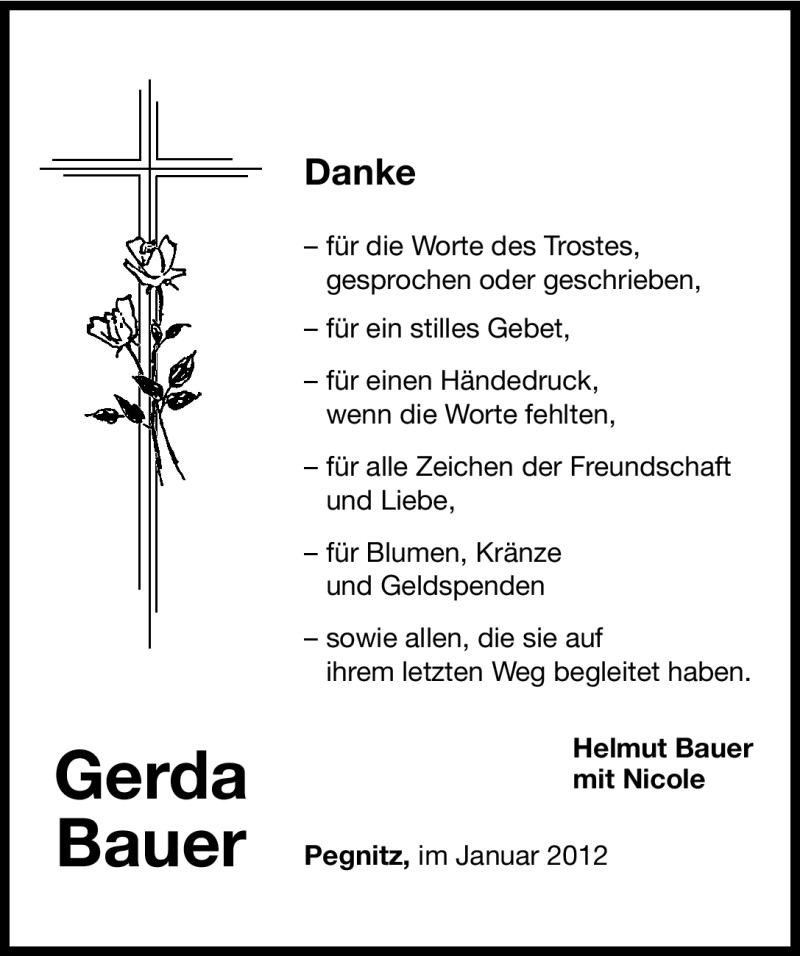  Traueranzeige für Gerda Bauer vom 06.01.2012 aus Nordbayerische Nachrichten Pegnitz Lokal