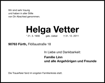 Traueranzeige von Helga Vetter von Gesamtausgabe Nürnberger Nachrichten / Nürnberger Zeitung