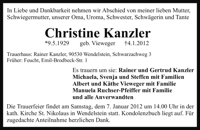  Traueranzeige für Christine Kanzler vom 06.01.2012 aus Gesamtausgabe Nürnberger Nachrichten / Nürnberger Zeitung