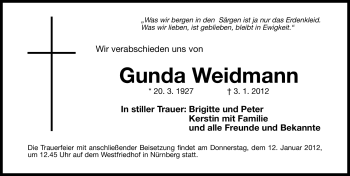 Traueranzeige von Gunda Weidmann von Gesamtausgabe Nürnberger Nachrichten / Nürnberger Zeitung