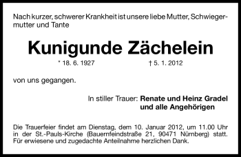 Traueranzeige von Kunigunde Zächelein von Gesamtausgabe Nürnberger Nachrichten / Nürnberger Zeitung