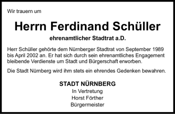 Traueranzeige von Ferdinand Schüller von Gesamtausgabe Nürnberger Nachrichten / Nürnberger Zeitung
