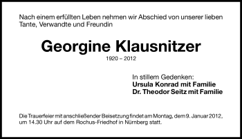 Traueranzeige von Georgine Klausnitzer von Gesamtausgabe Nürnberger Nachrichten / Nürnberger Zeitung
