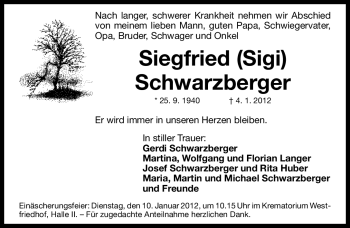 Traueranzeige von Siegfried Schwarzberger von Gesamtausgabe Nürnberger Nachrichten / Nürnberger Zeitung