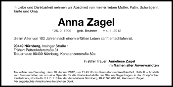 Traueranzeige von Anna Zagel von Gesamtausgabe Nürnberger Nachrichten / Nürnberger Zeitung
