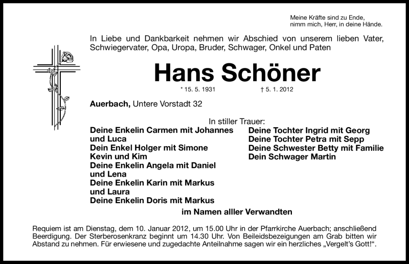  Traueranzeige für Hans Schöner vom 06.01.2012 aus Nordbayerische Nachrichten Pegnitz Lokal