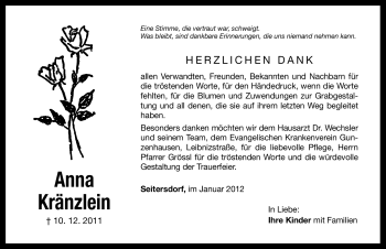 Traueranzeige von Anna Kränzlein von Altmühl-Bote Lokal