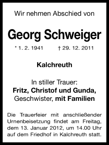 Traueranzeige von Georg Schweiger von Gesamtausgabe Nürnberger Nachrichten / Nürnberger Zeitung