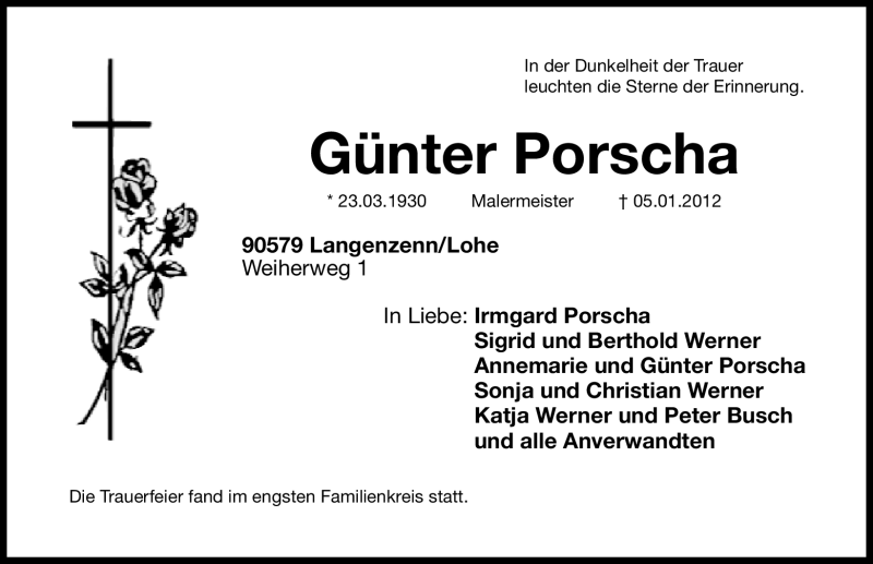  Traueranzeige für Günter Porscha vom 11.01.2012 aus Fürther Nachrichten Lokal