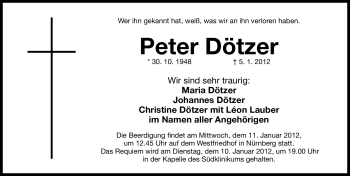 Traueranzeige von Peter Dötzer von Gesamtausgabe Nürnberger Nachrichten / Nürnberger Zeitung