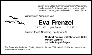 Traueranzeige von Eva Frenzel von Gesamtausgabe Nürnberger Nachrichten / Nürnberger Zeitung