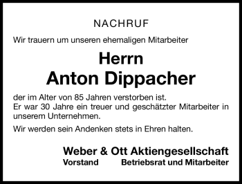 Traueranzeige von Anton Dippacher von Nordbayerische Nachrichten Forchheim Lokal
