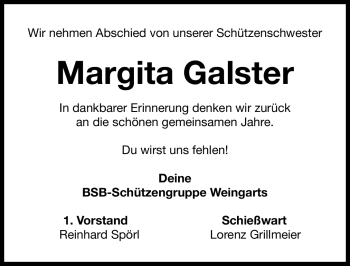 Traueranzeige von Margita Galster von Nordbayerische Nachrichten Forchheim Lokal