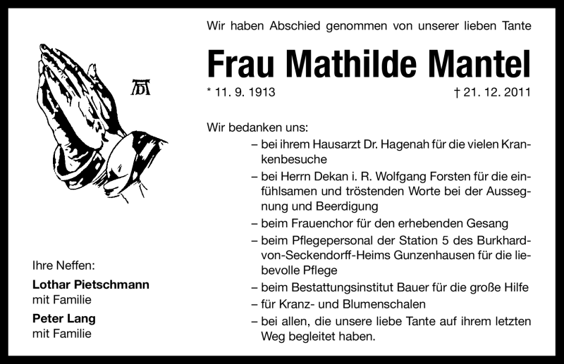  Traueranzeige für Mathilde Mantel vom 10.01.2012 aus Altmühl-Bote Lokal