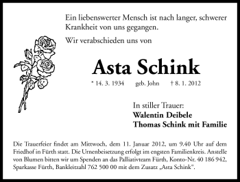 Traueranzeige von Asta Schink von Gesamtausgabe Nürnberger Nachrichten / Nürnberger Zeitung