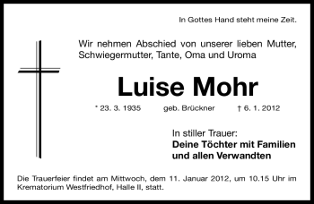 Traueranzeige von Luise Mohr von Gesamtausgabe Nürnberger Nachrichten / Nürnberger Zeitung